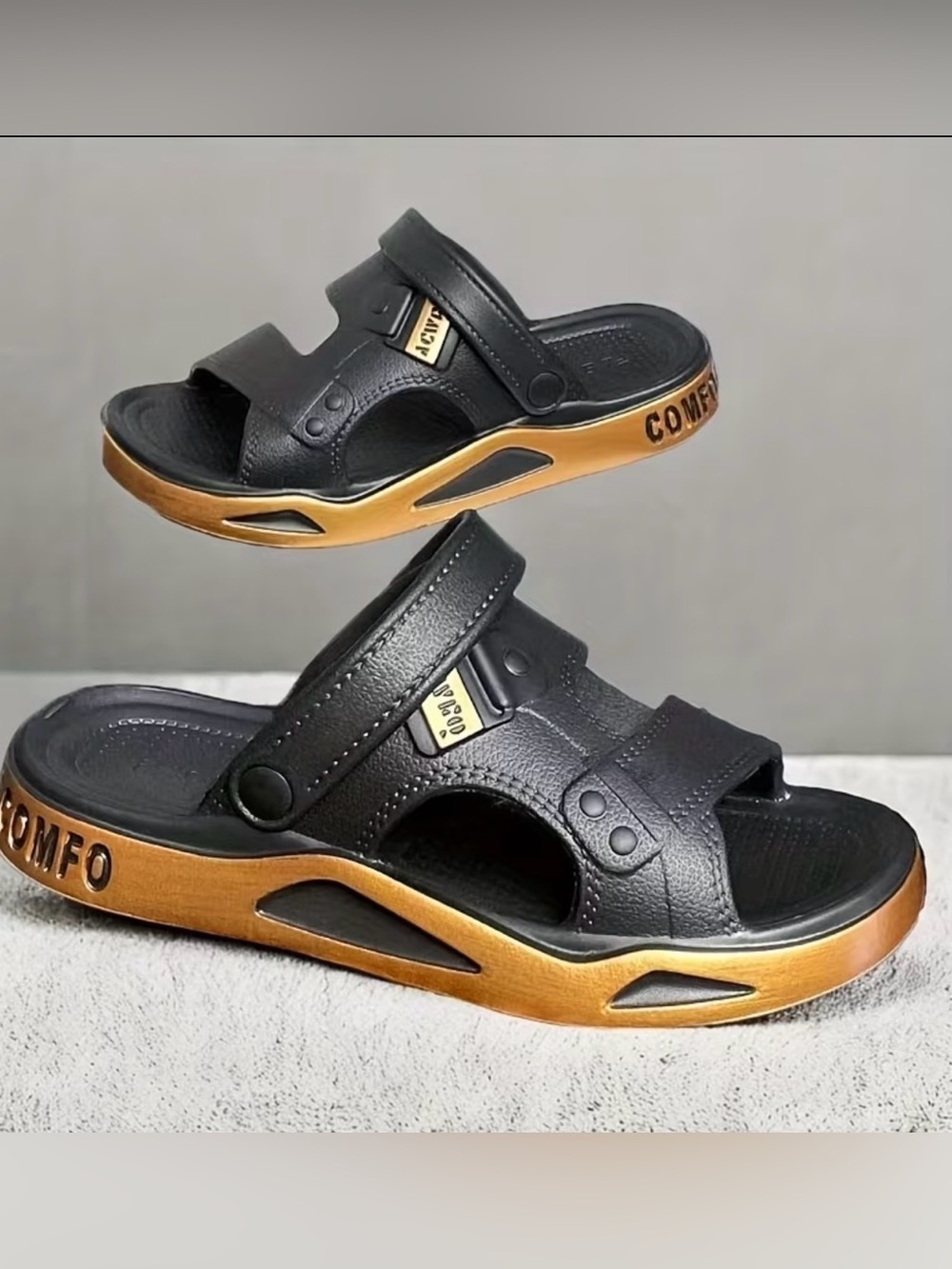 Black & Gold Slip-On Comfort Sandals